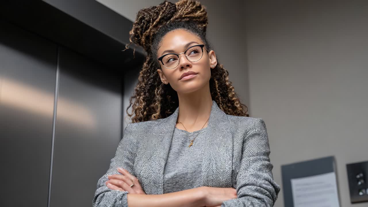 Confident Professional in Elevator: A Poised Businesswoman Exudes Determination and Focus, Ready to Conquer Challenges Ahead in a Corporate Environment