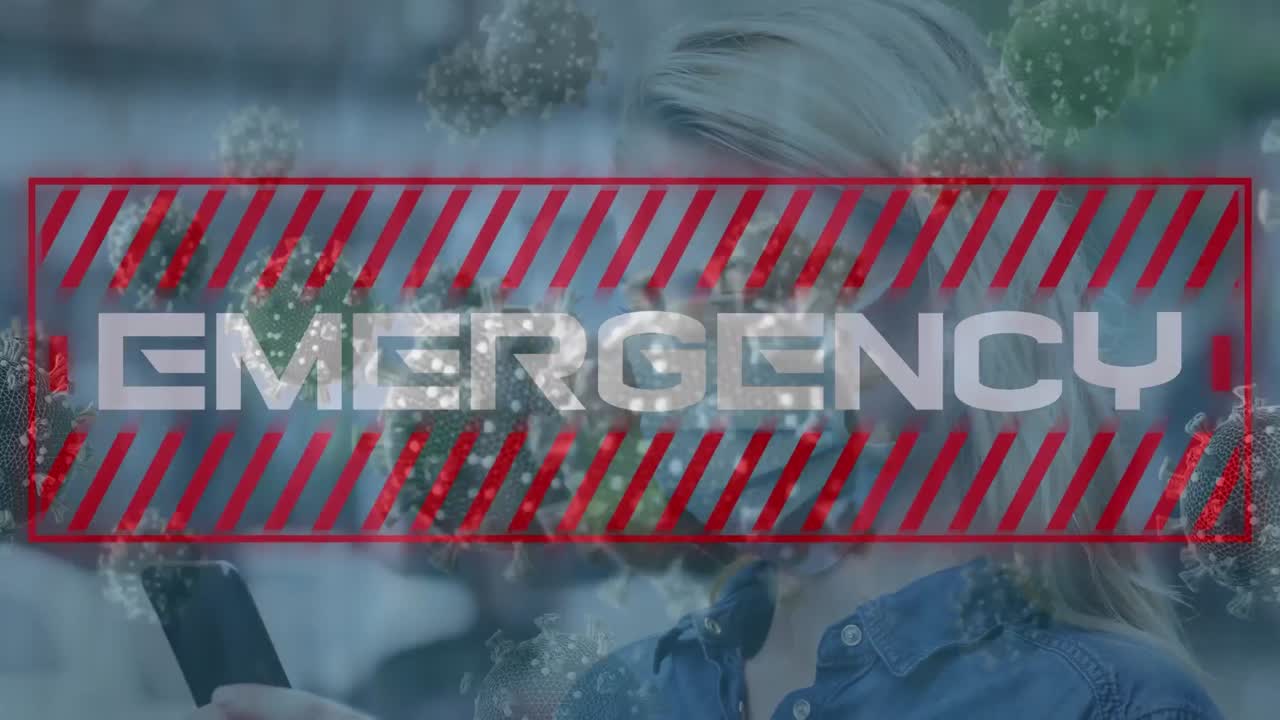 animación de texto de emergencia y células de virus sobre una mujer con máscara facial