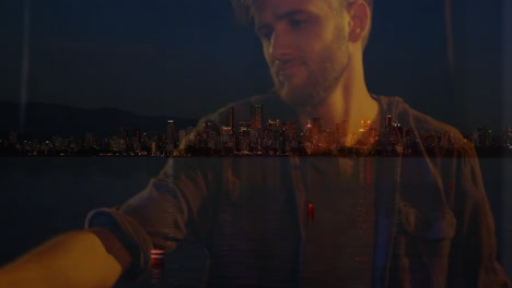 man blending waterfront skyline and thoughtful portrait overlay with animated business data charts