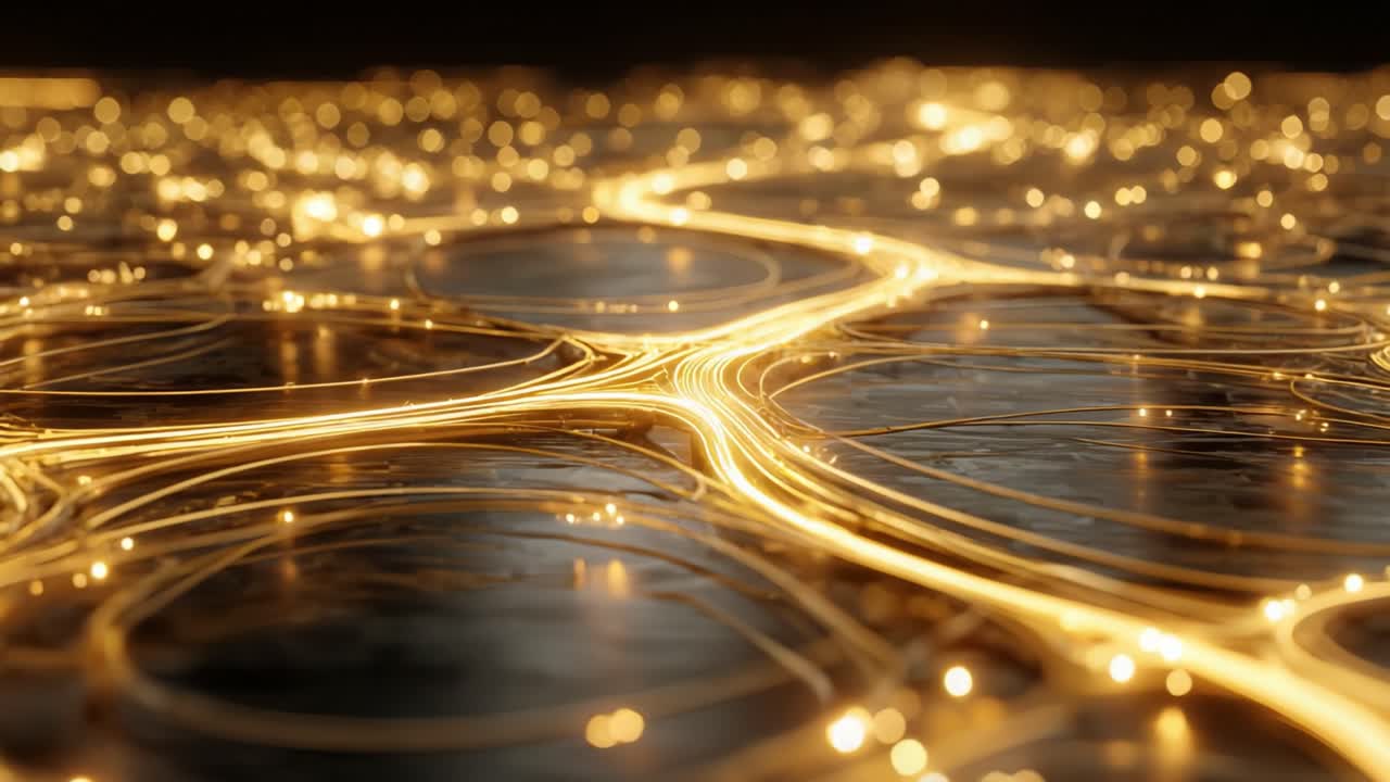Golden fiber optic cables weaving across a dark textured background, glowing light signals trace high speed digital data flows and network connectivity for futuristic IT systems