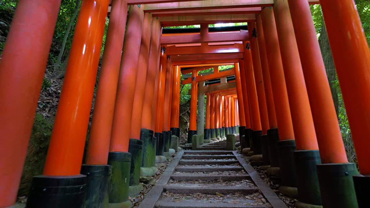 Vorwärtsgang auf Steintreppen durch Torii-Tore am Fushimi-Inari-Schrein