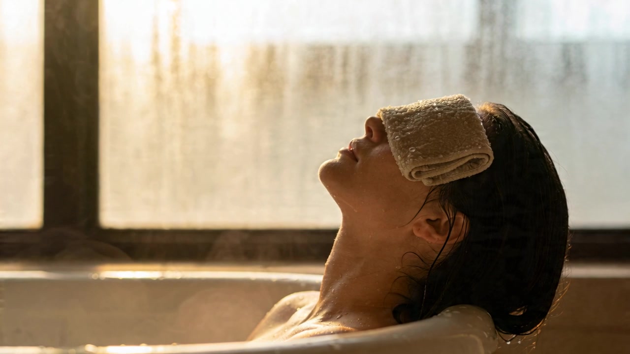 Donna che si immerge nella vasca da bagno accanto a una finestra appannata dal vapore, con un asciugamano sugli occhi per la calma, spazio per il testo.