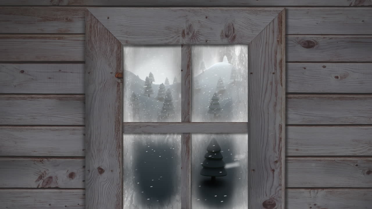 겨울 풍경에 여러 나무 위에 내리는 눈에 대한 나무 창문 프레임