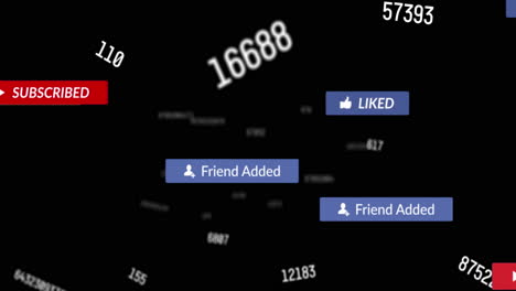 animación de iconos de redes sociales, números y texto sobre fondo negro