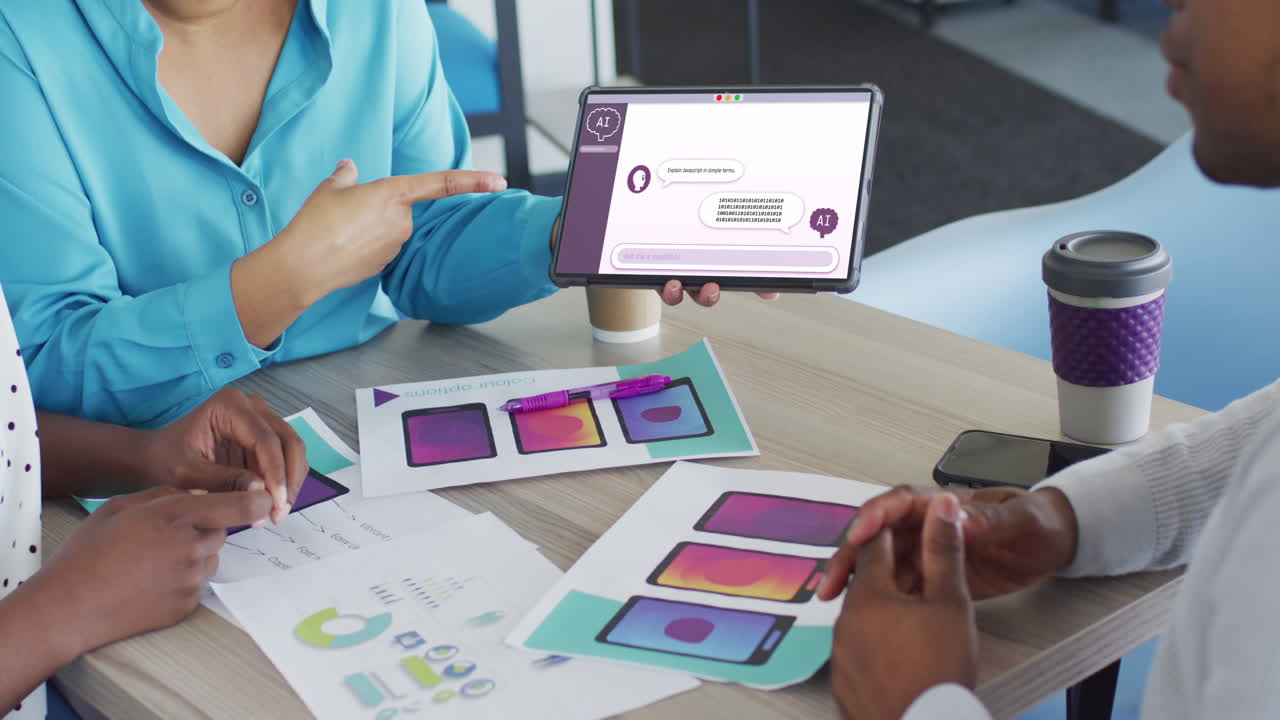 Composition of diverse business people using tablet with ai chat on screen