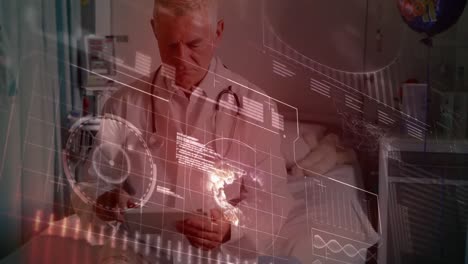 Interface-with-data-processing-against-caucasian-senior-male-doctor-using-digital-tablet-at-hospital