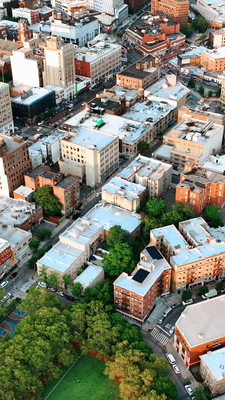 Baseball field among the trees in the panorama of the city. New York scenery from bird's eye view. Vertical video