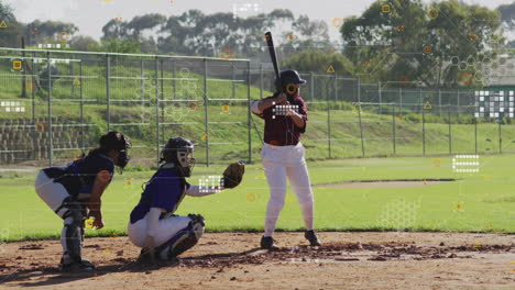 female batter holding bat, catcher crouching at home plate for sports training with animated stats