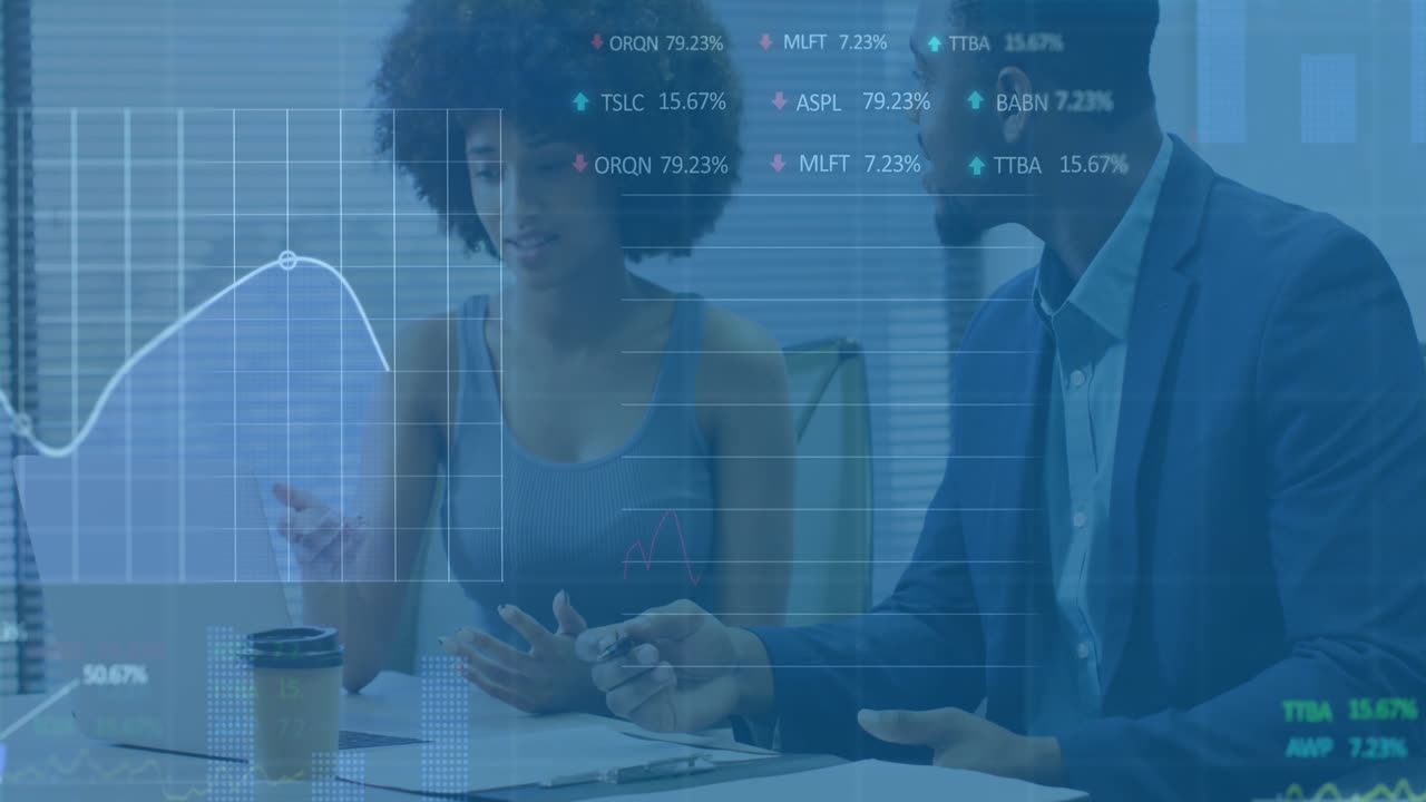 Animation of stock market data processing over diverse man and woman discussing at office