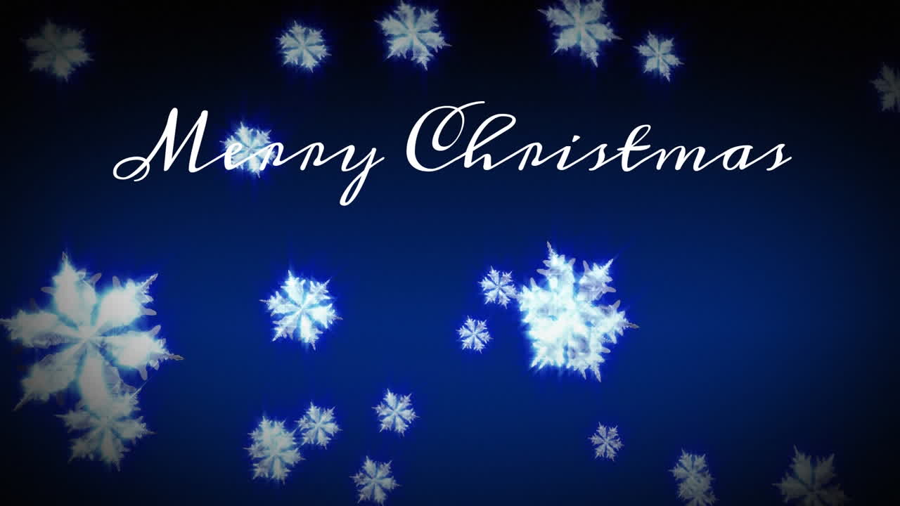 Merry Christmas text animation over falling snowflakes on blue background