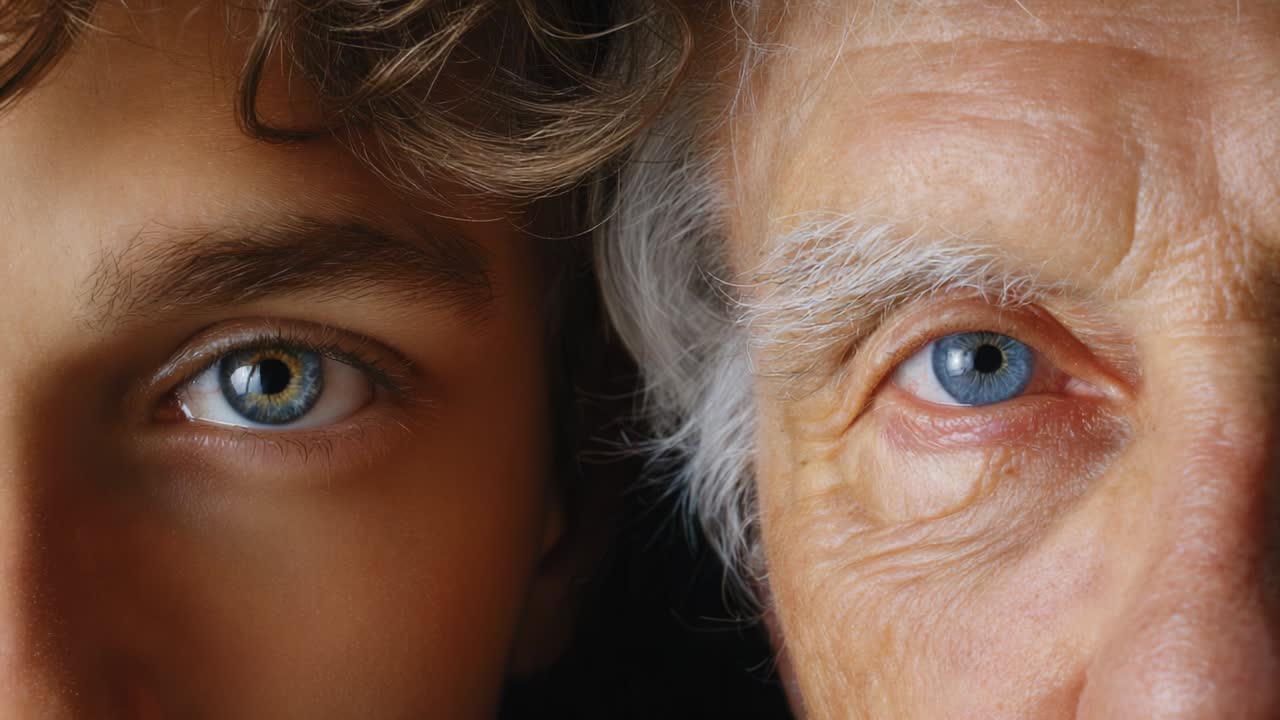 Un contrasto visivo avvincente tra due generazioni che mette in mostra le caratteristiche distintive della giovinezza e dell'età attraverso i loro occhi, evidenziando l'umanità condivisa tra le generazioni e la bellezza interiore
