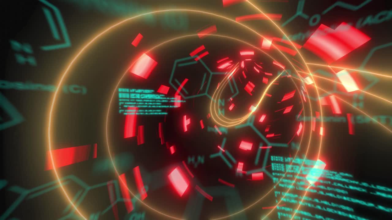 네온 조명과 함께 검은 바탕에 데이터 처리 및 화학 공식의 애니메이션