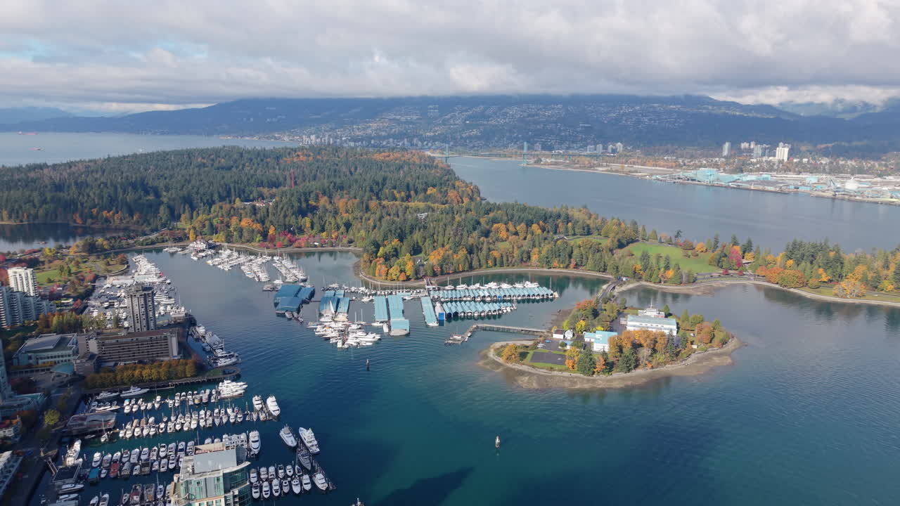Aerial View of Stanley Park and Downtown Vancouver on a Partly Cloudy Day