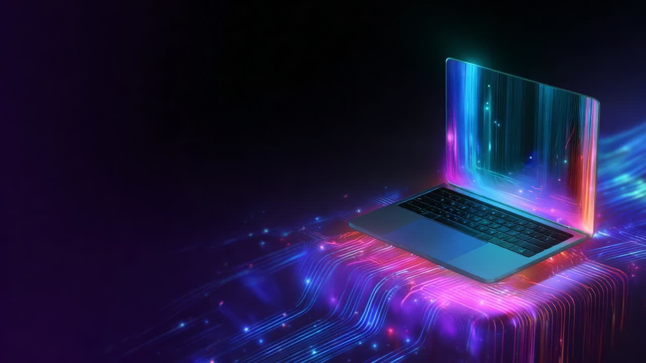 A mesmerizing futuristic laptop illuminated by vibrant neon lights, set against a dark background, capturing the essence of advanced technology and digital innovation through colorful light trails and patterns