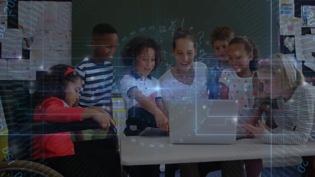 Teacher clicking trackpad showing holographic lesson while students pointing at learning graphics