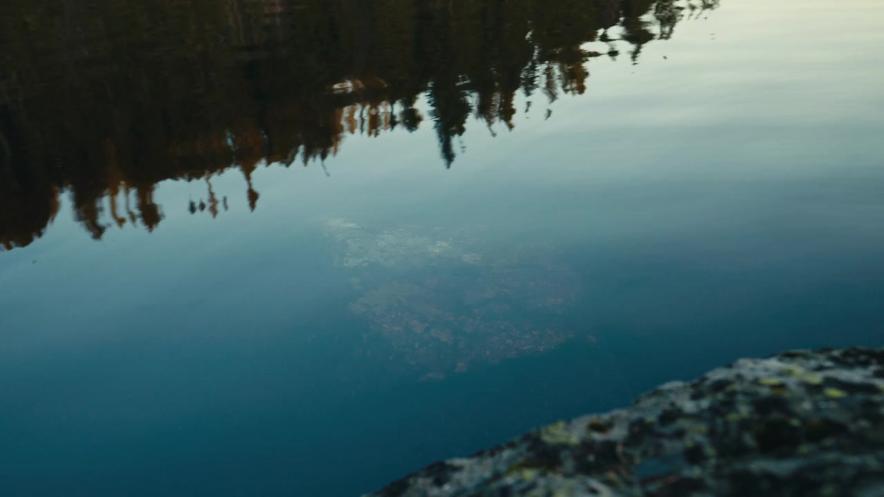 A submerged rock appears beneath a gently rippling lake surface, while dark treeline reflections and soft blue tones create a calm and abstract nature scene.