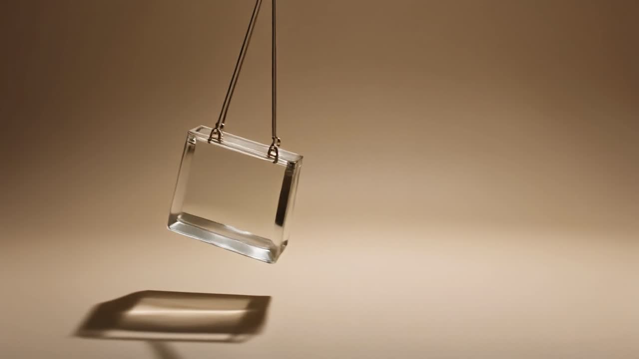 Clear Glass Block Suspended and Gently Swinging with Shadow