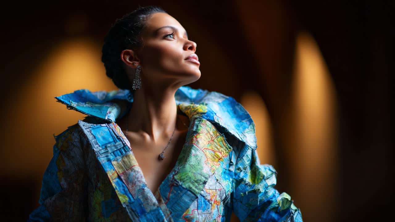 A Confident Model Posing Elegantly in a Unique Map-Inspired Fashion Jacket, Showcasing Artistic Design and Contemporary Style Against a Dramatic Background
