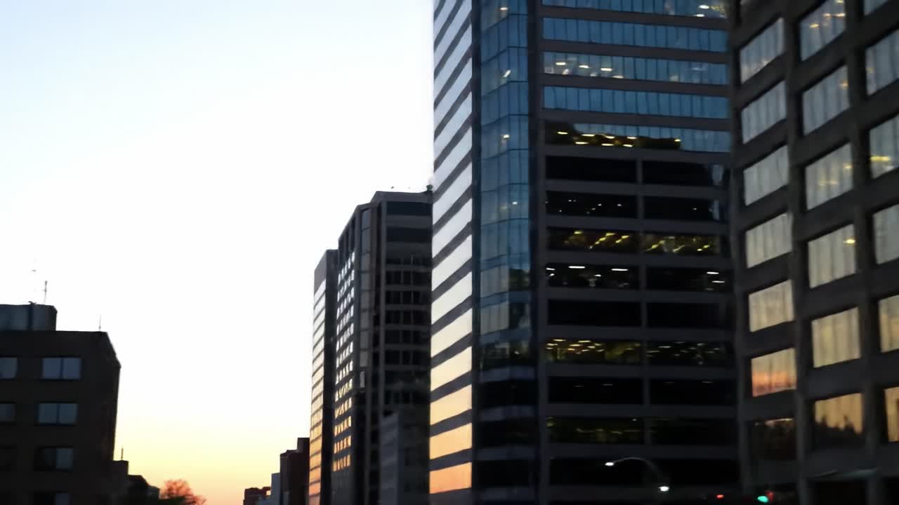 Urban Sunset Reflections: A Beautiful Transition Captured in City Highrises Illuminated by the Soft Glow of Evening Light