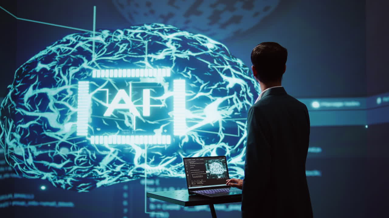 AI researcher in futuristic workspace using artificial intelligence