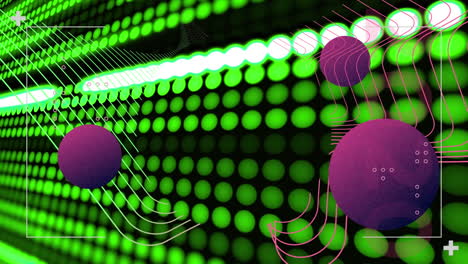 animación de los datos de procesamiento de la interfaz, con luces verdes, curvas paralelas y esferas