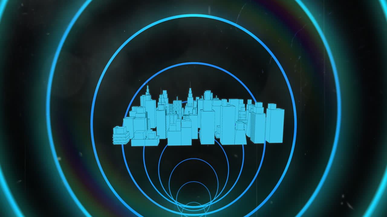 Animation of circles and city on black background