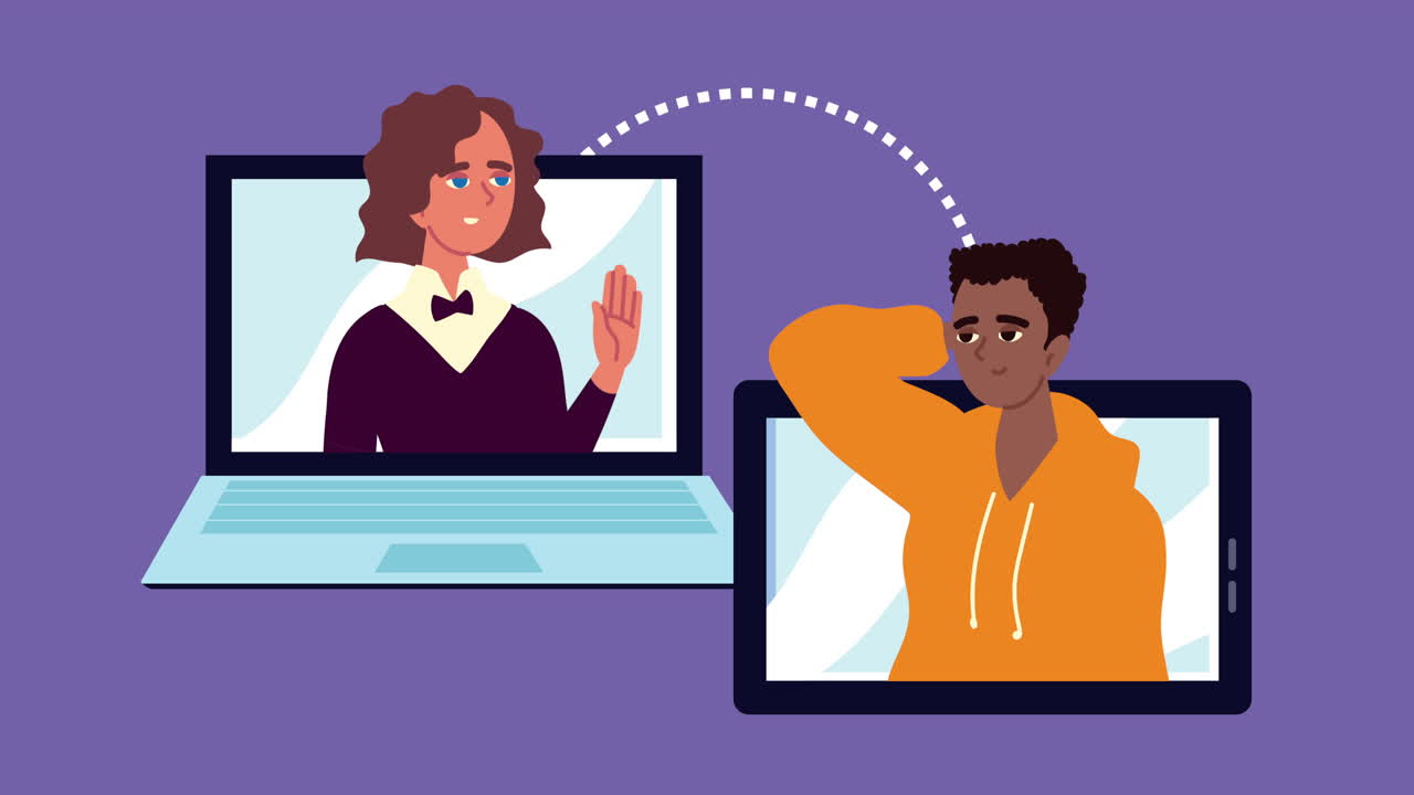 young couple in laptop and tablet animation