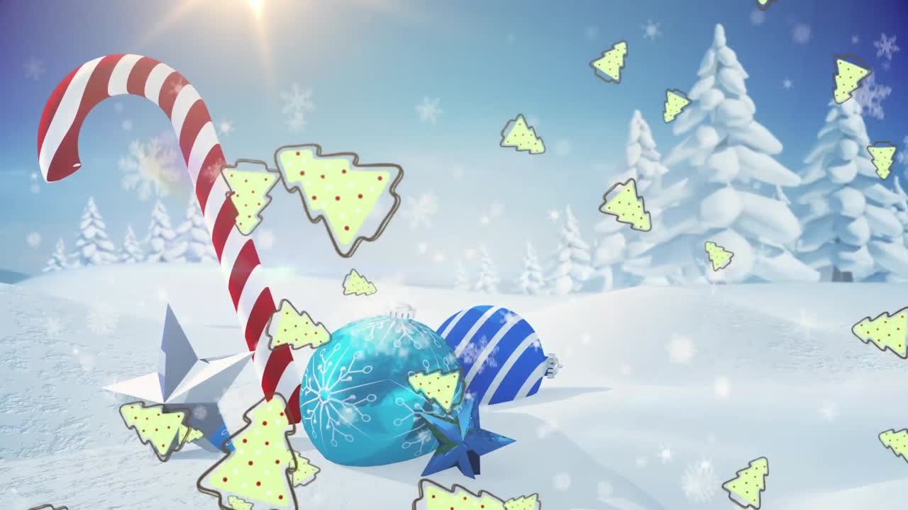 animación de navidad cayendo sobre decoraciones de navidad y paisajes de invierno