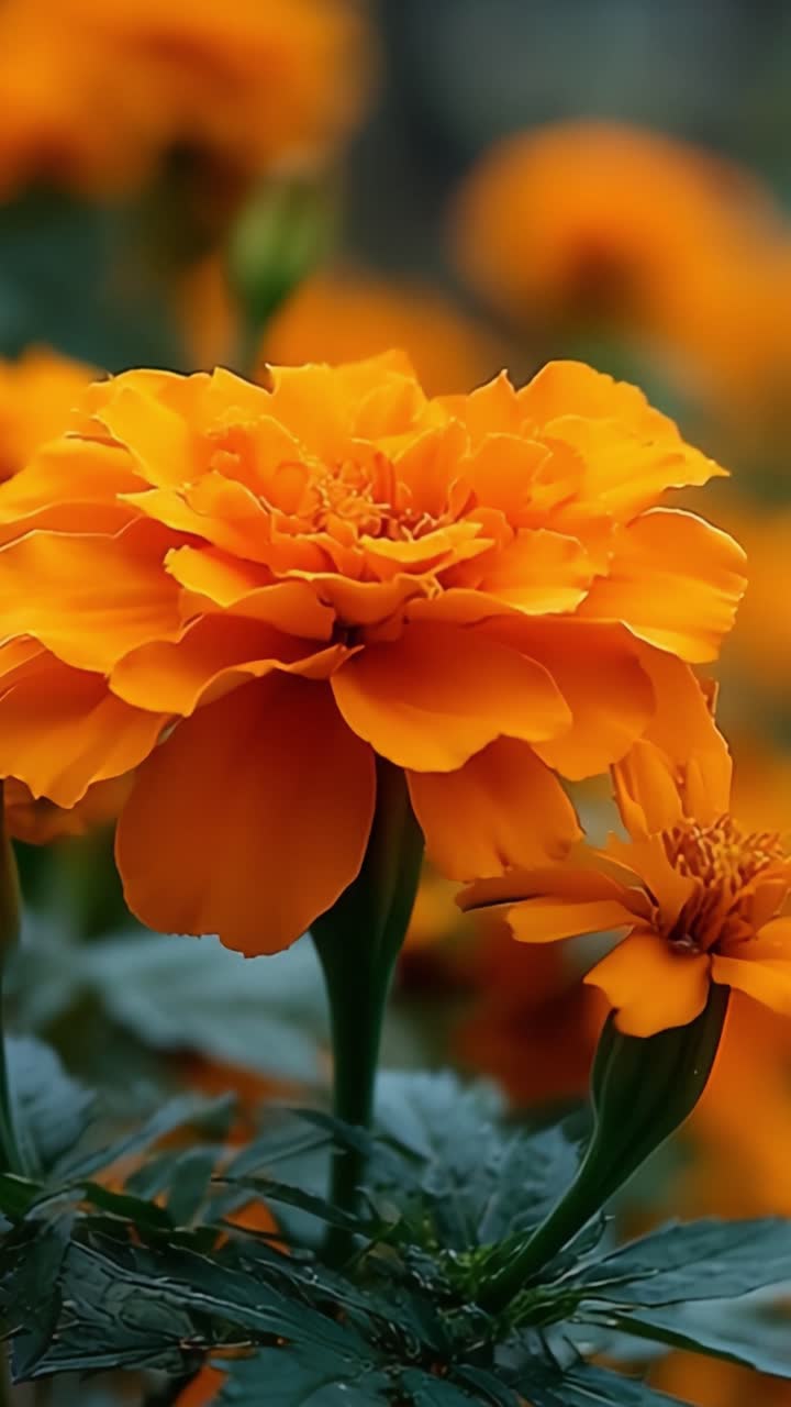 Fiori di tagete vivaci in piena fioritura che mostrano i loro ricchi petali arancioni in una splendida cornice di giardino con foglie verdi.