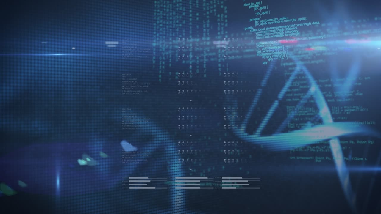 Animation of data processing over dna structures spinning against blue background