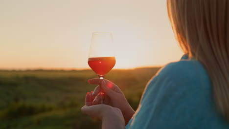 Una-Mujer-Sostiene-Una-Copa-De-Vino-Tinto-Y-Admira-La-Puesta-De-Sol.-Mujer-Independiente-De-Turismo-Y-Viajes