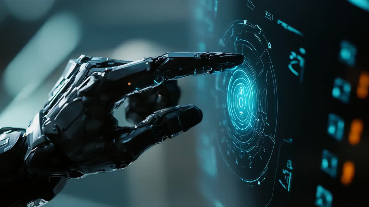 Robot Hand Interacting with Futuristic Interface