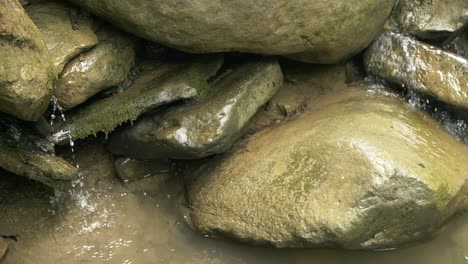 Gotas-De-Agua-Fluyendo-A-Través-De-Rocas-Cubiertas-De-Musgo-En-Cámara-Lenta,-Full-Hd