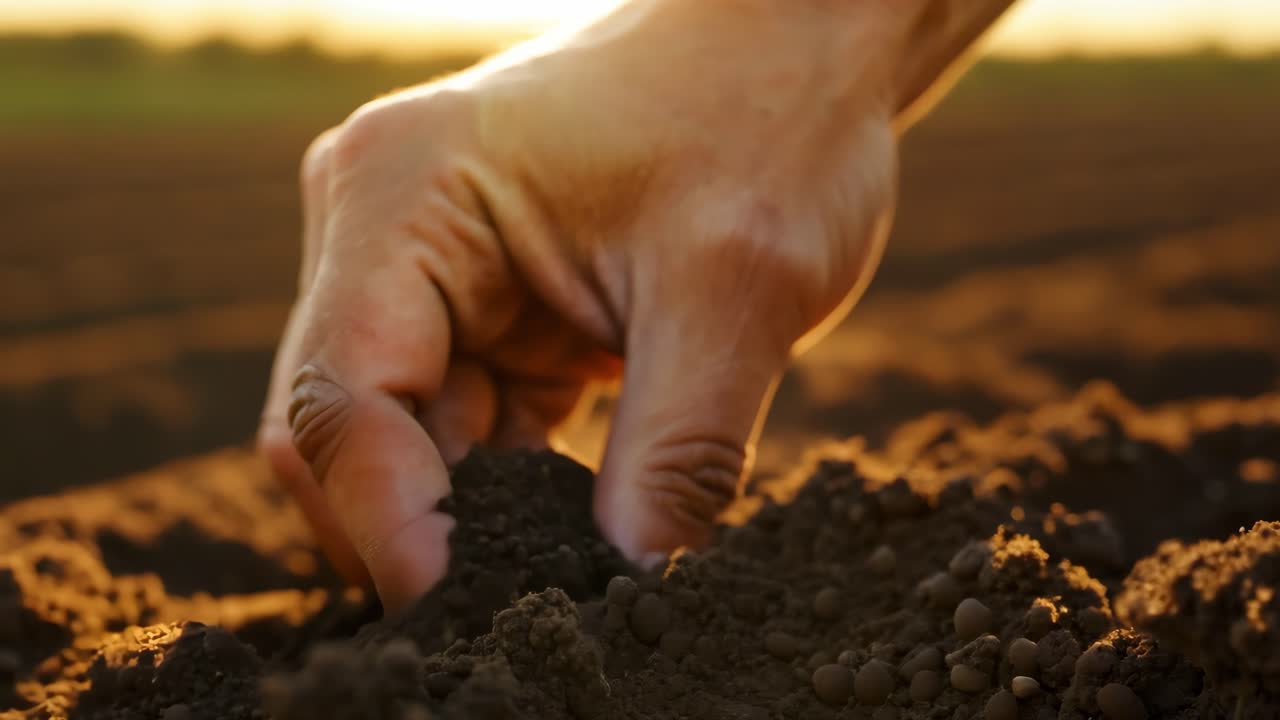Mão plantando sementes no campo ao pôr do sol