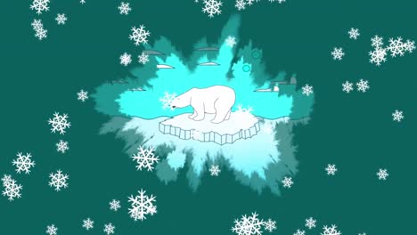 Digital-animation-of-snowflakes-falling-over-polar-bear-on-iceberg-against-green-background