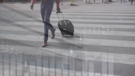 animation of graphs and building over african american man with luggage walking at airport