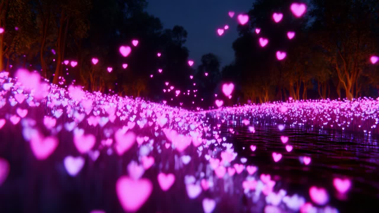 A Magical Nightscape Featuring a Dreamy River Adorned with Glowing Heart-Shaped Lights, Creating a Serene and Romantic Atmosphere Surrounded by Lush Trees and Sparkling Reflections on the Water Surface
