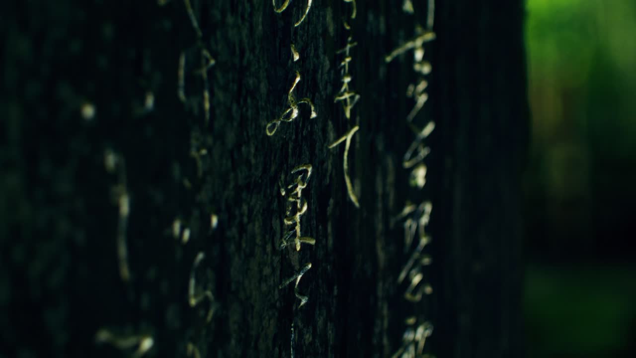 Close-up of tree bark with carved inscriptions