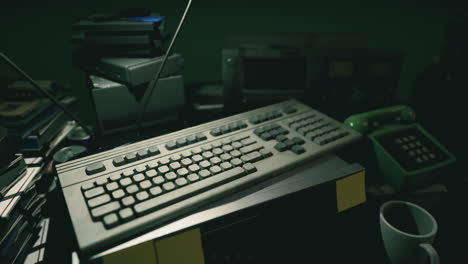 vintage computer equipment on a cluttered desk in dimly lit room