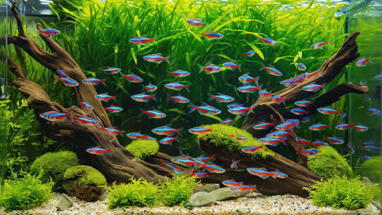 Neon Tetra Aquarium with Aquatic Plants and Driftwood