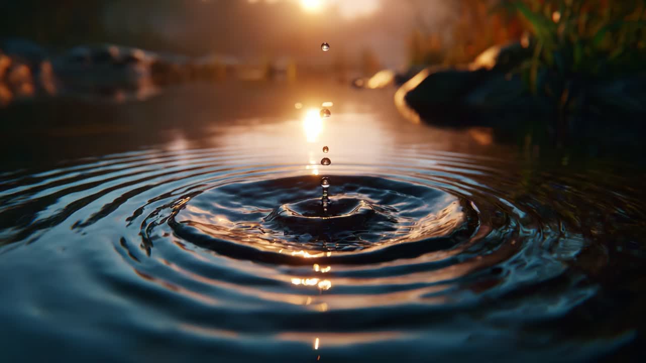 Incantevoli increspature dell'acqua che riflettono un tramonto incandescente su un sereno laghetto circondato da una natura lussureggiante e un'atmosfera tranquilla nelle prime ore della sera