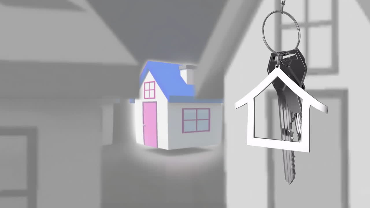 Animation de maisons grises et bleues sur un porte-clés argenté
