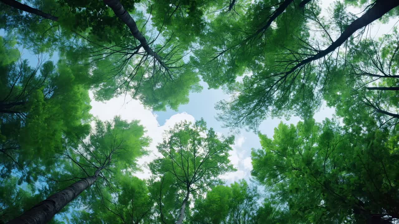 A serene upward video view of lush green treetops against a bright blue sky