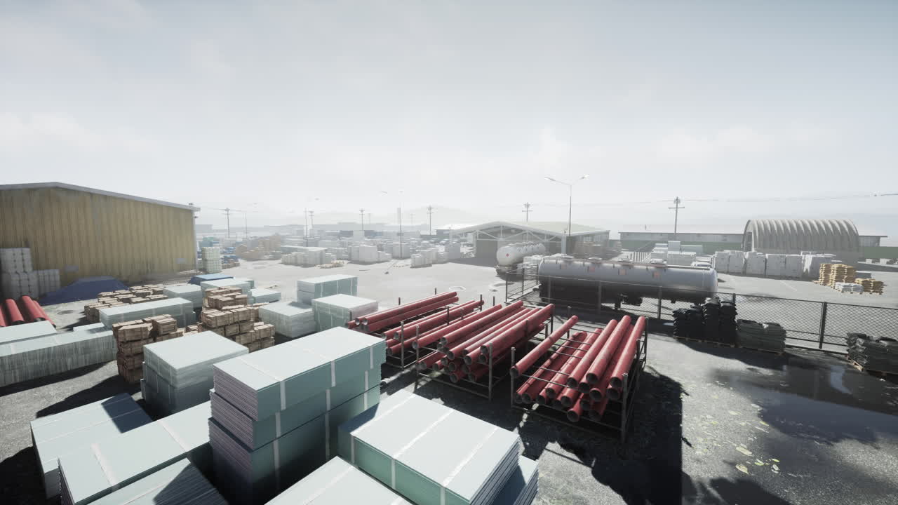 un gran almacén con materiales de construcción y equipos apilados afuera.