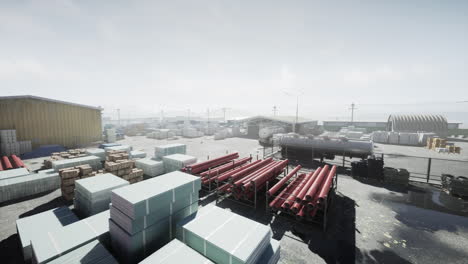 a large warehouse with building materials and equipment stacked outside.