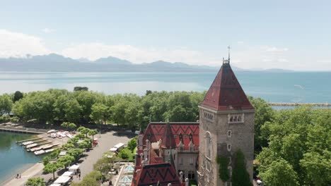 beautiful aerial of chateau d'ouchy in the city of lausanne, switzerland