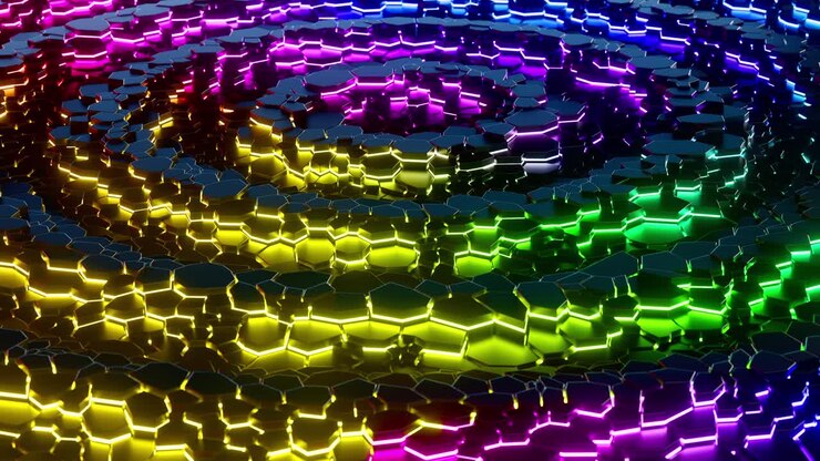 3D colorful hexagonal pattern with neon glow moving waves. Looped animation