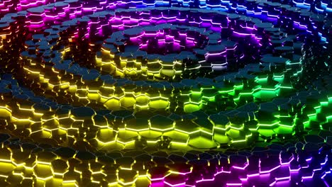 patrón hexagonal colorido en 3d con ondas en movimiento de brillo de neón. animación en bucle