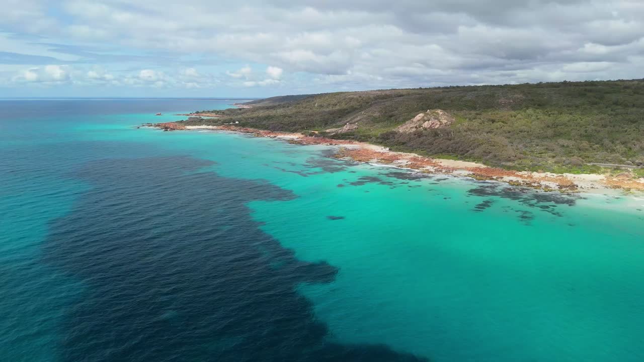 Drone flying over clear waters of Margaret River, West Australia