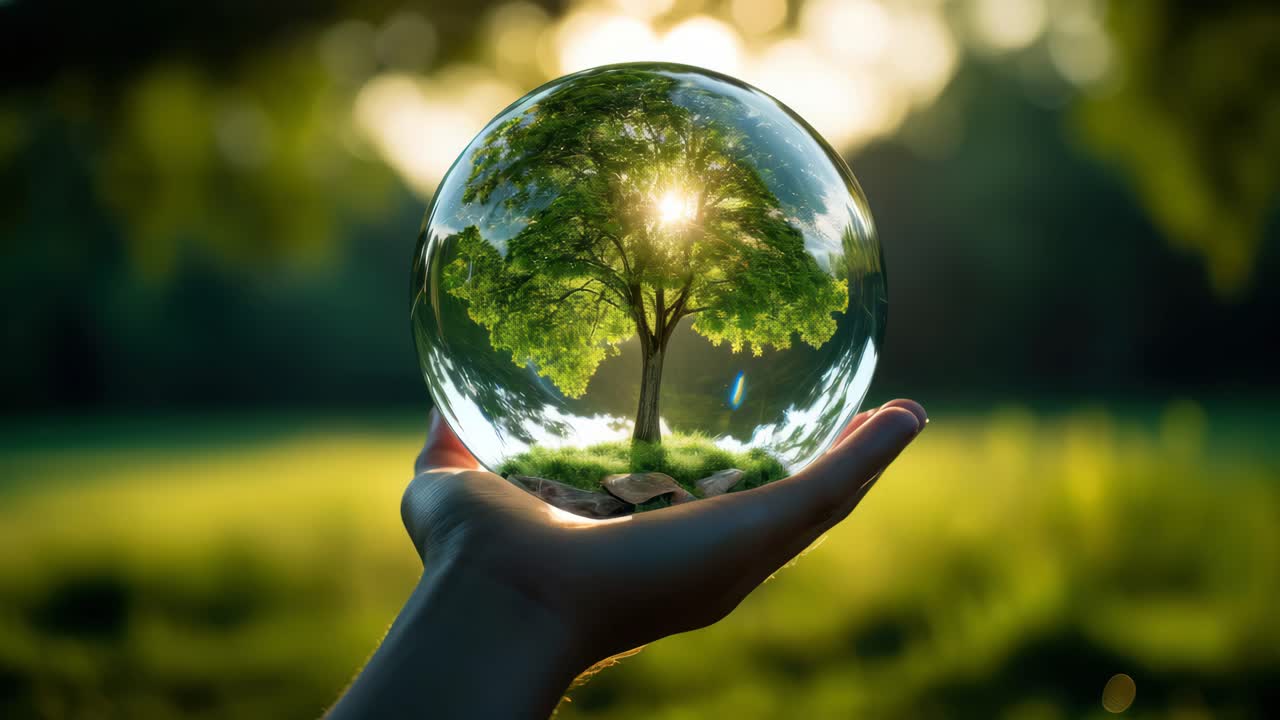 A hand holds a glass sphere reflecting a tree, captured in a close-up angle